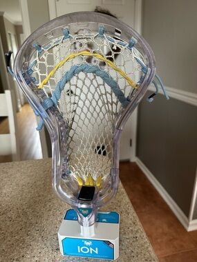 ECD ION Clear Lacrosse Head with Blue and Yellow Stringing